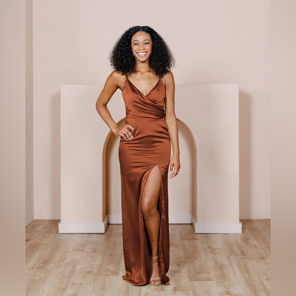 Revelry Rava Satin Dress in Rust 72 - Size 2, “Petite” 41 in waist to hem